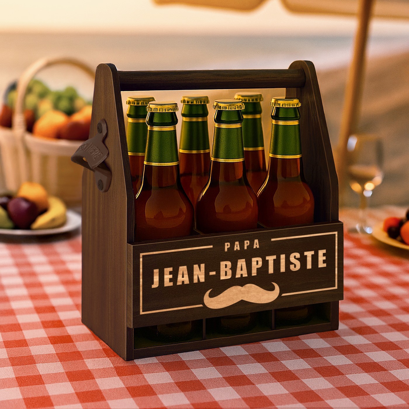 Soporte de cerveza de madera Murrano con grabado para papá