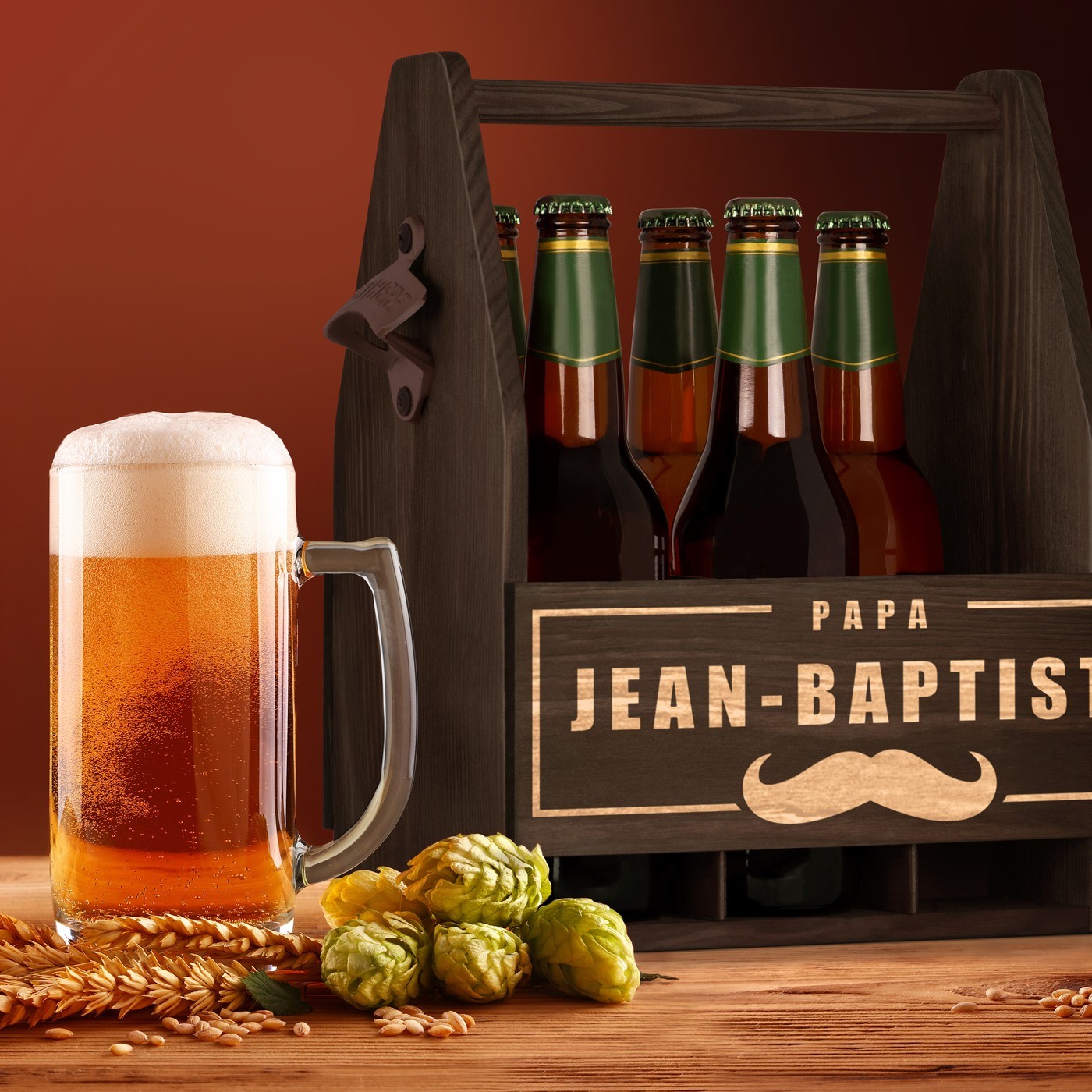 Soporte de cerveza de madera Murrano con grabado para papá