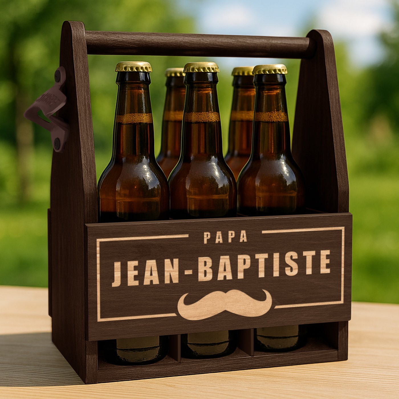 Soporte de cerveza de madera Murrano con grabado para papá