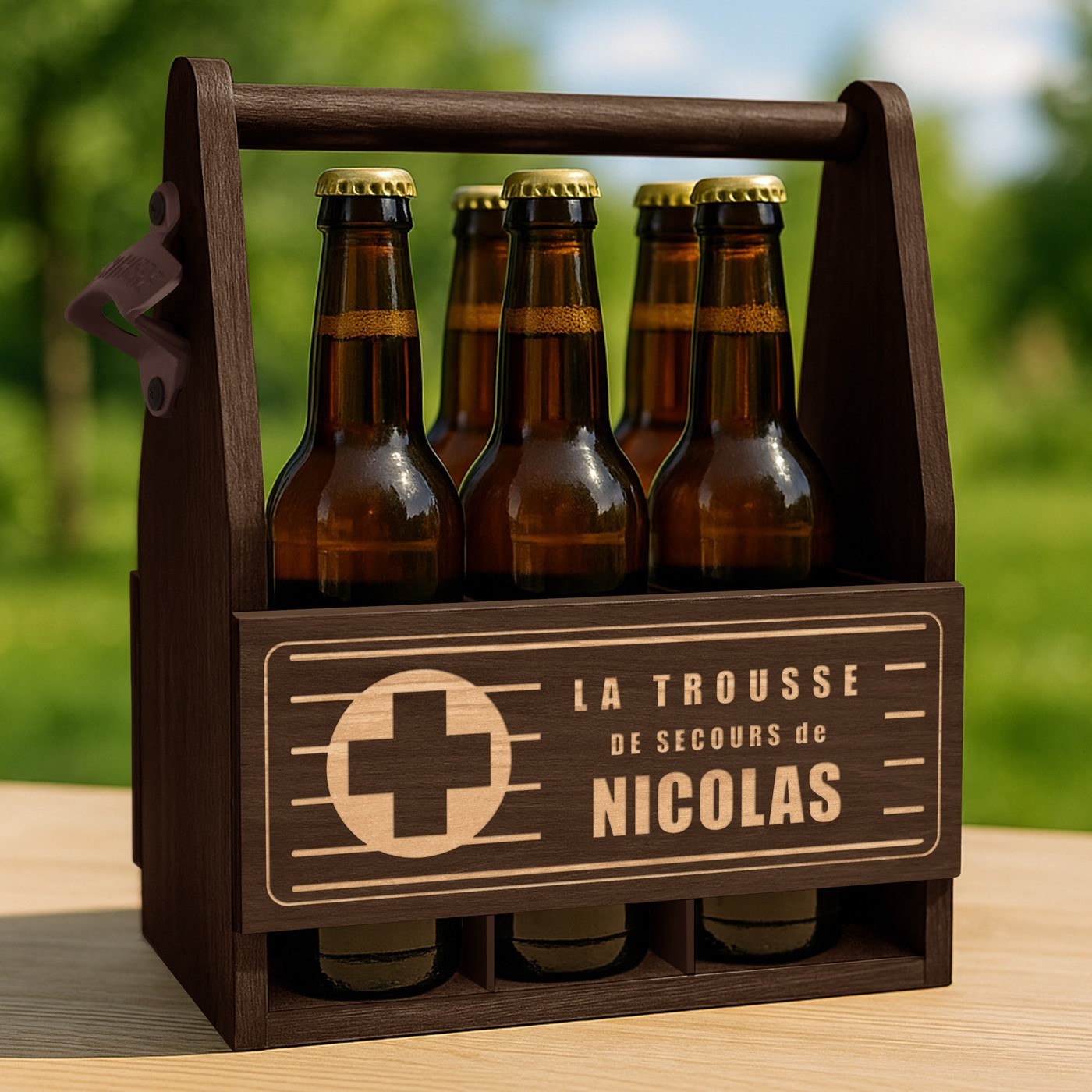 Soporte de cerveza de madera Murrano con grabado para médico