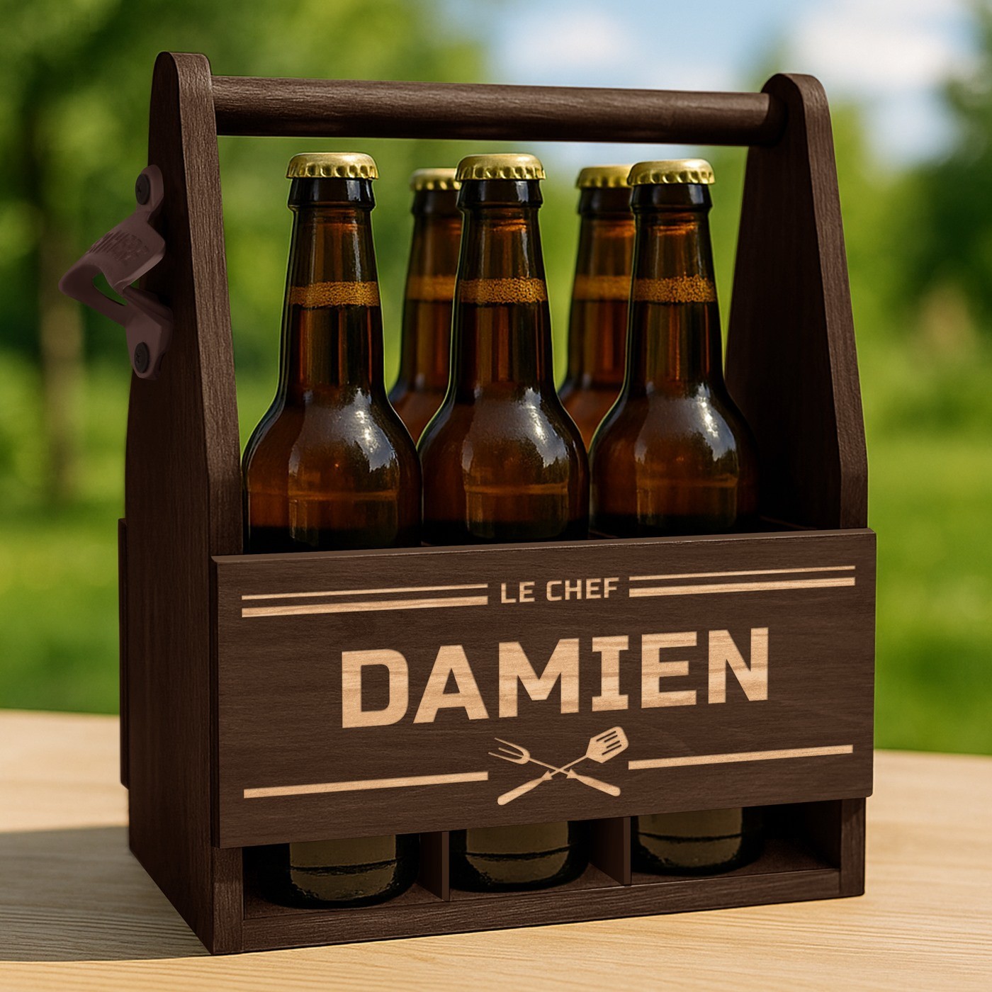 Soporte de cerveza de madera Murrano con grabado personalizado