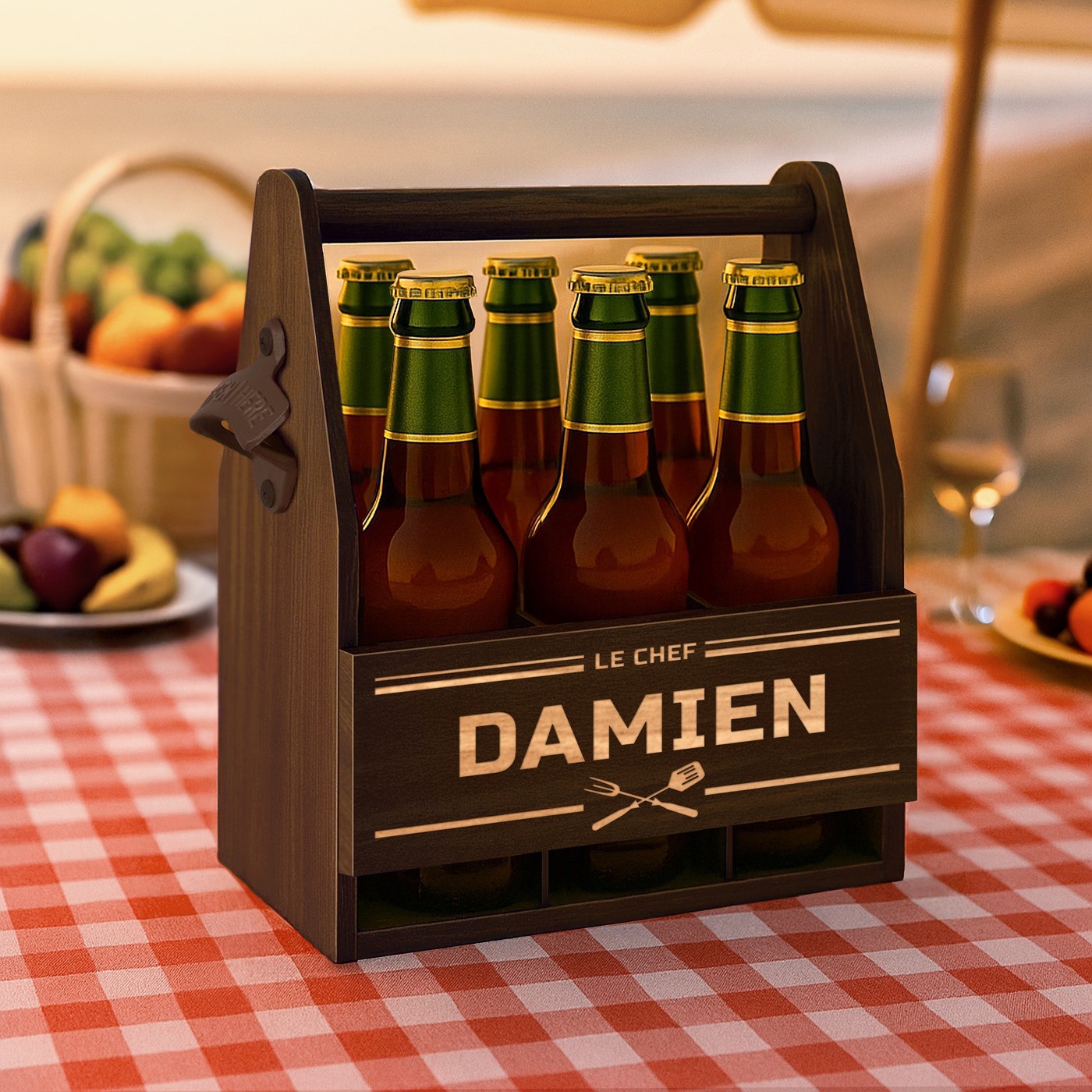 Soporte de cerveza de madera Murrano con grabado personalizado