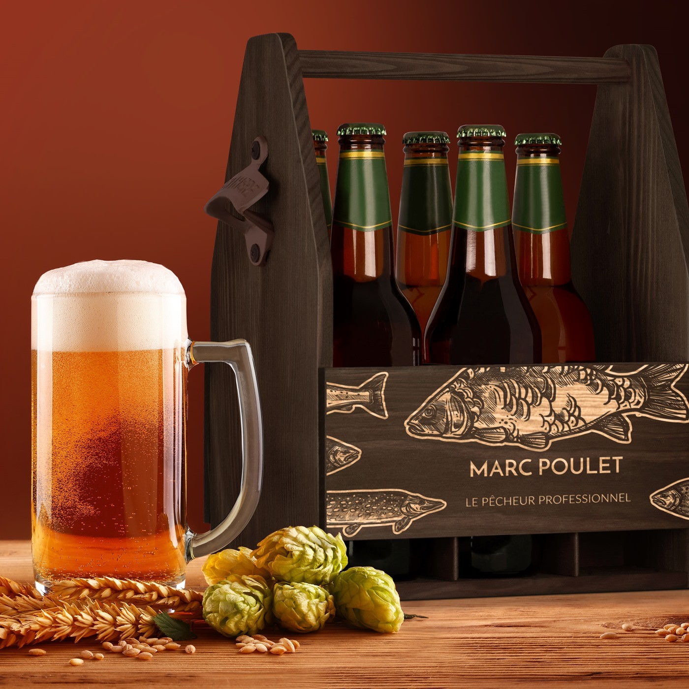 Porta cervezas de madera Murrano con grabado para pescadores