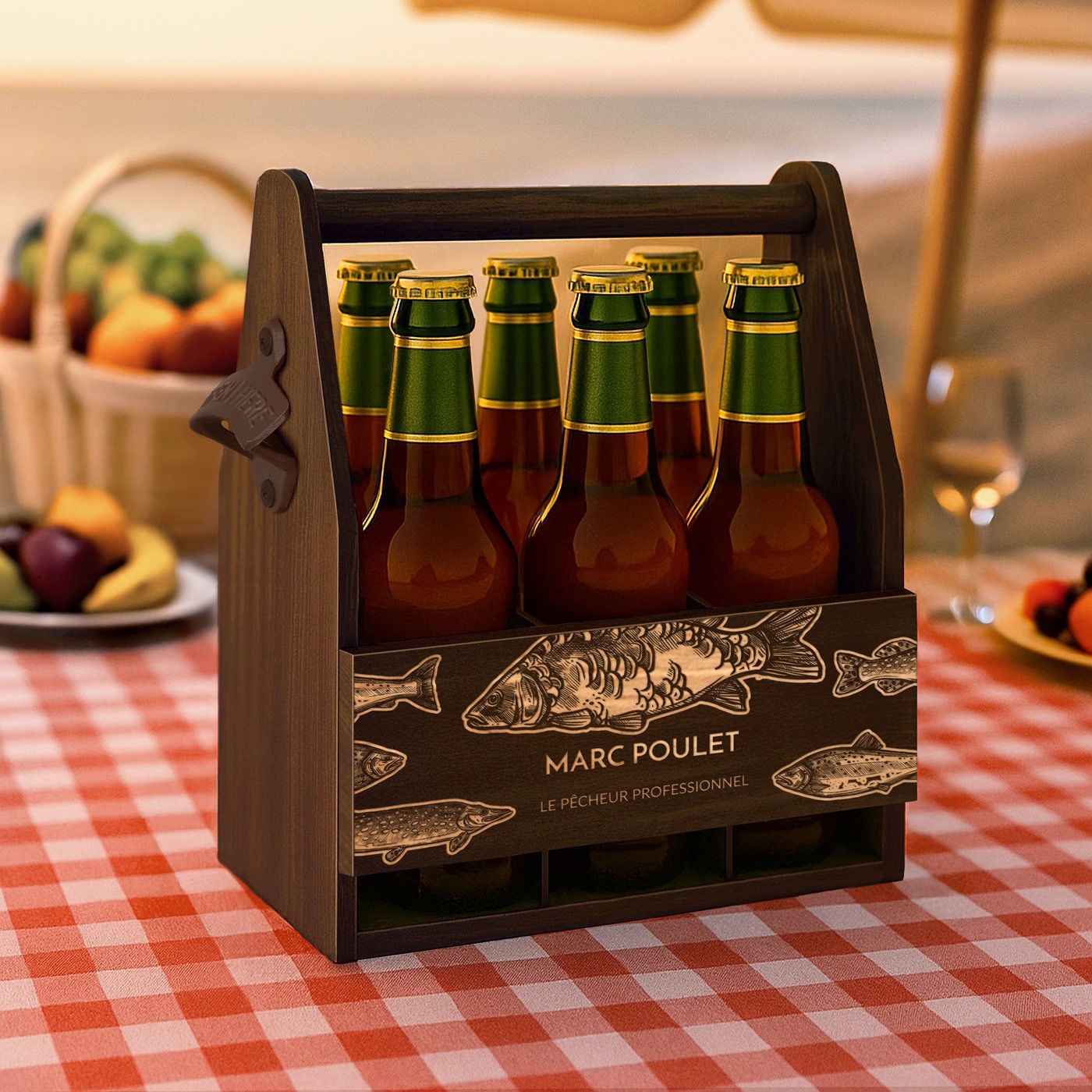 Porta cervezas de madera Murrano con grabado para pescadores