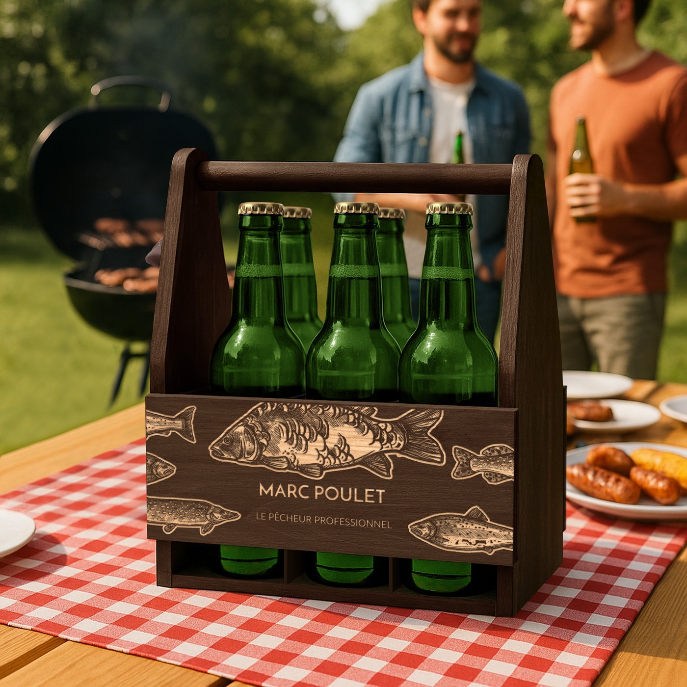 Porta cervezas de madera Murrano con grabado para pescadores