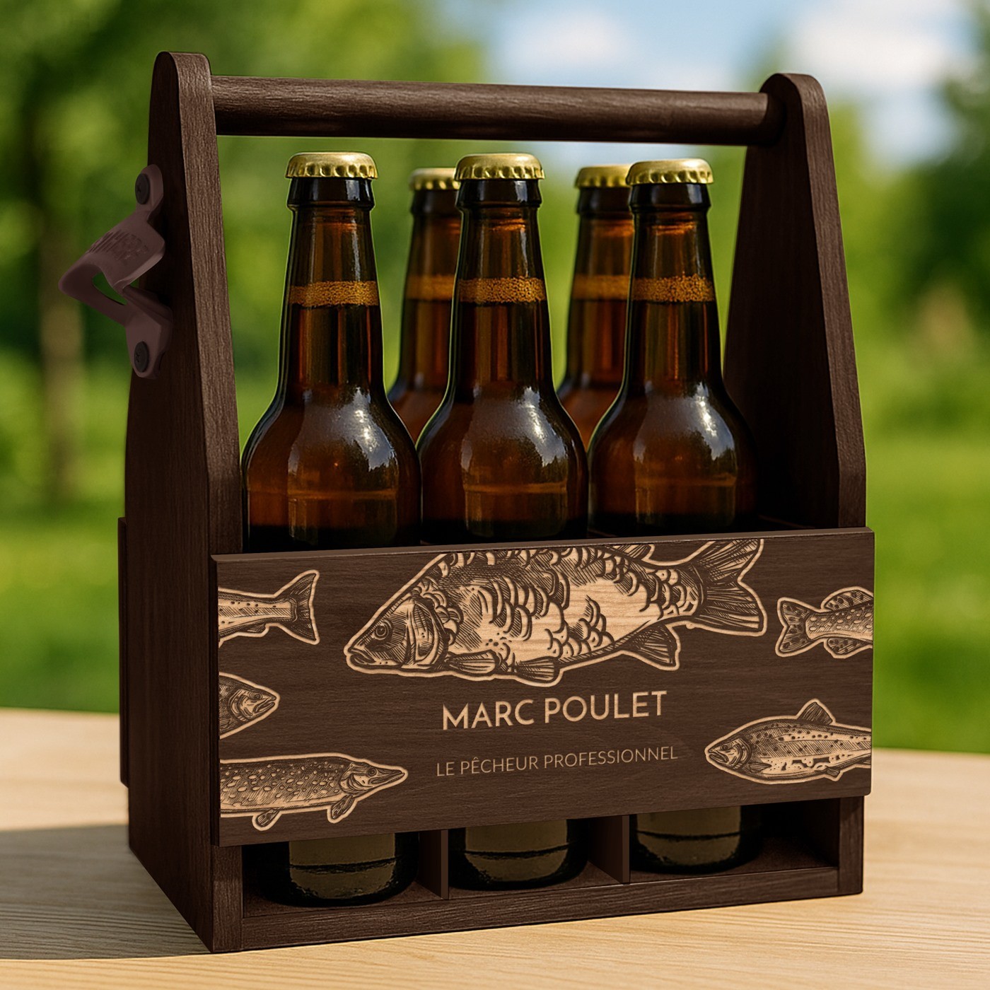 Porta cervezas de madera Murrano con grabado para pescadores