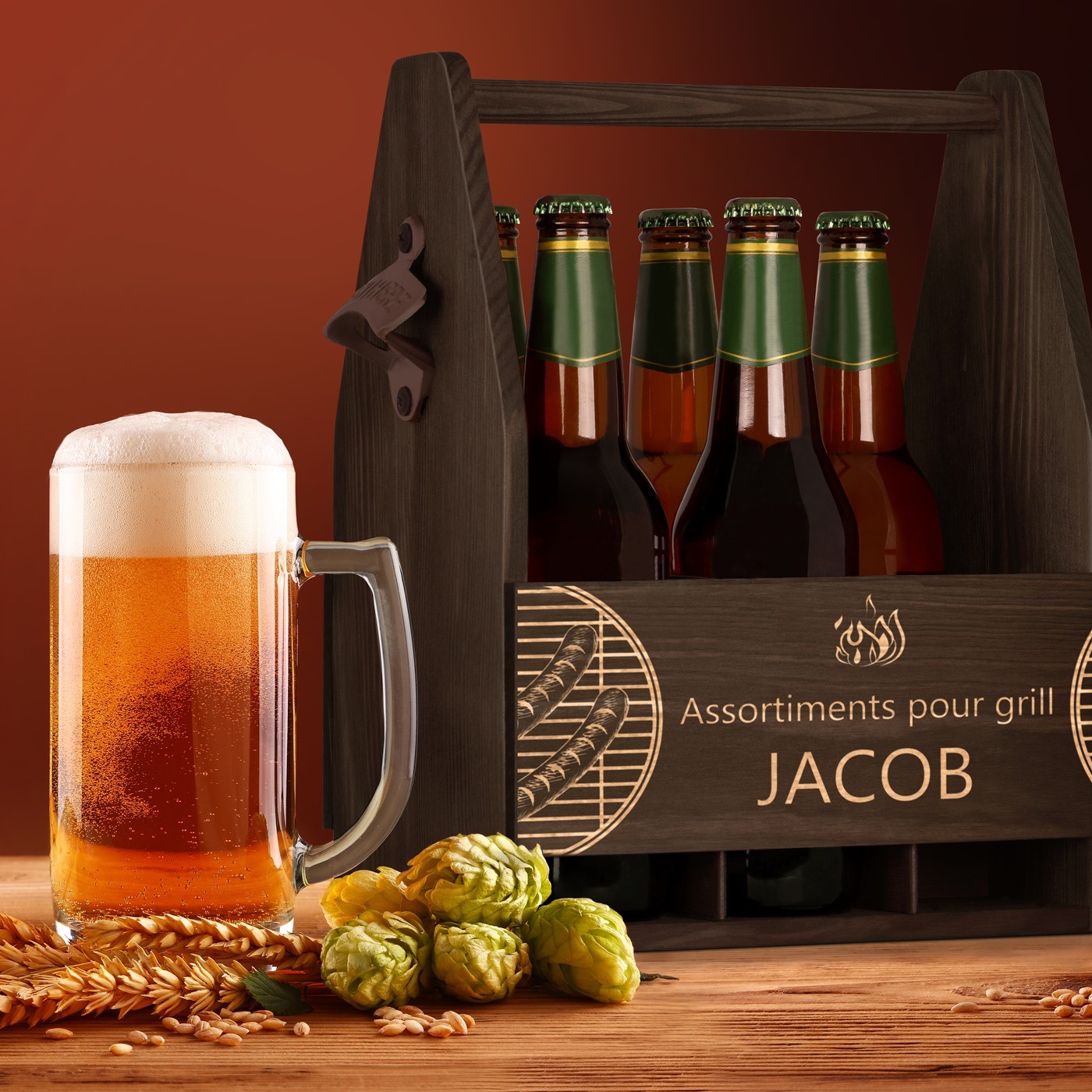 Soporte de cerveza de madera Murrano con grabado para amigos festivos