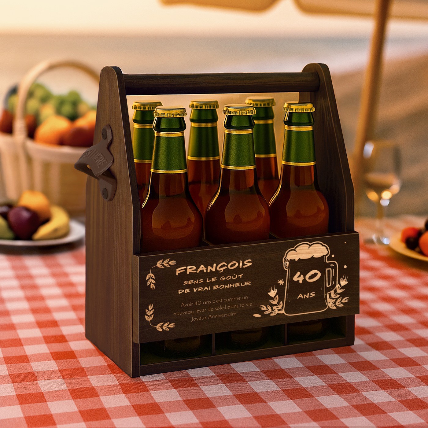 Portador de cerveza de madera personalizado para un cumpleaños número 40
