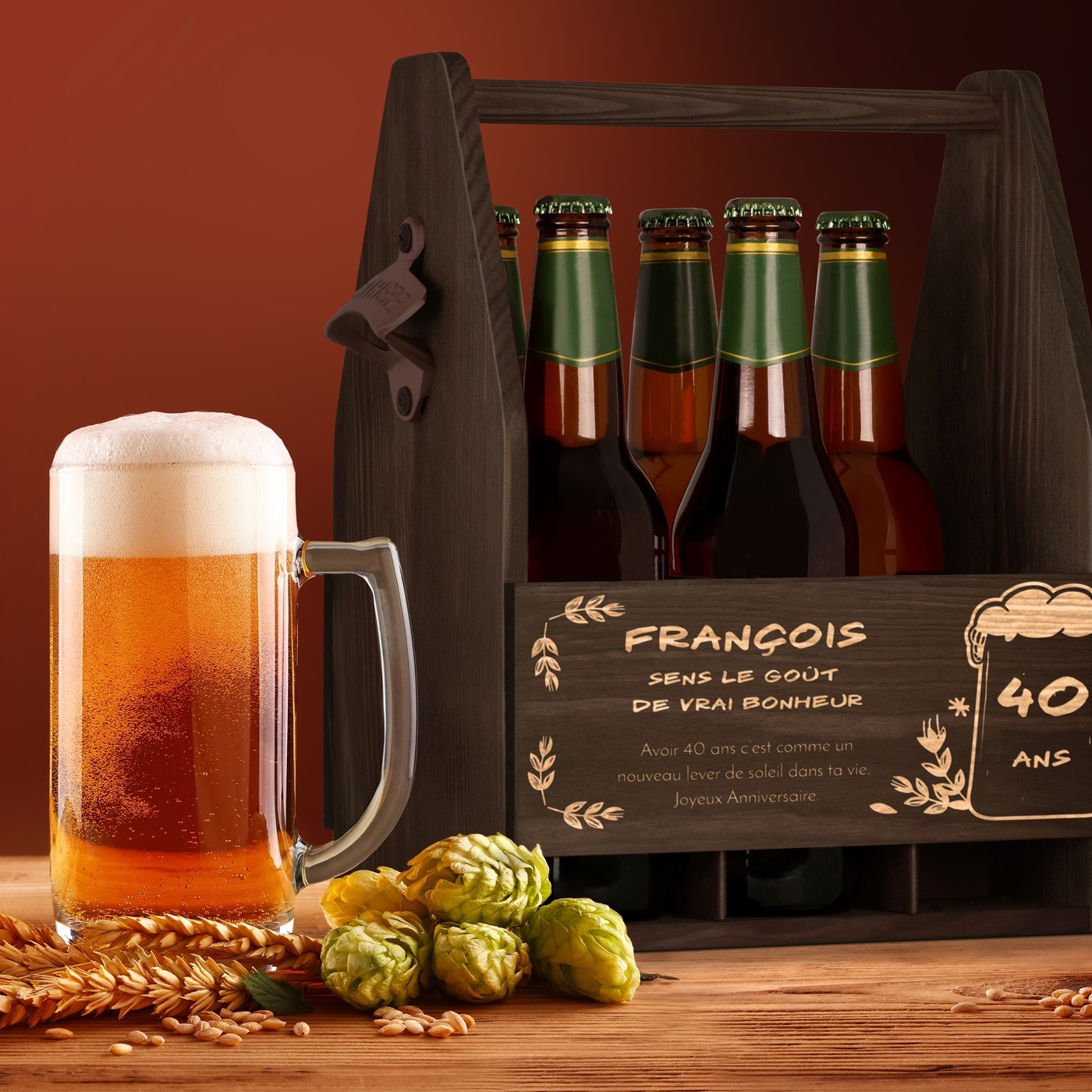 Portador de cerveza de madera personalizado para un cumpleaños número 40