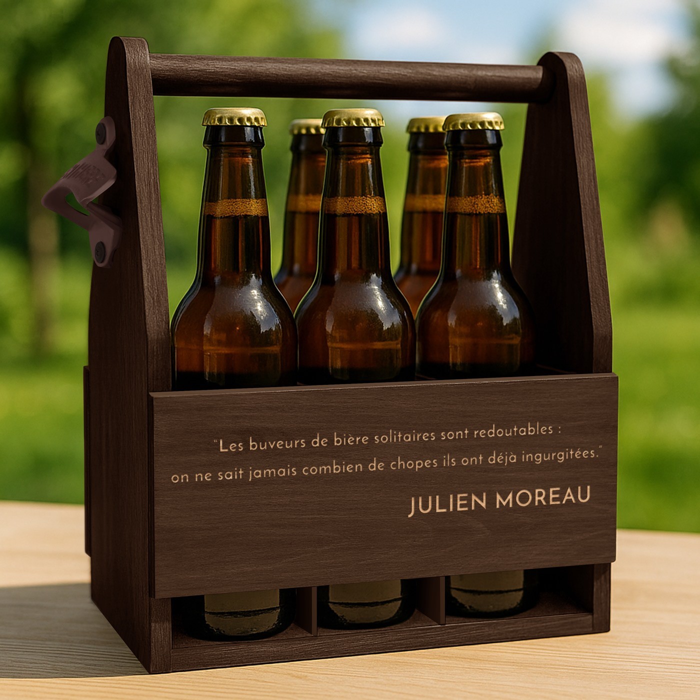 Portabieras personalizado de Murrano con madera y grabado