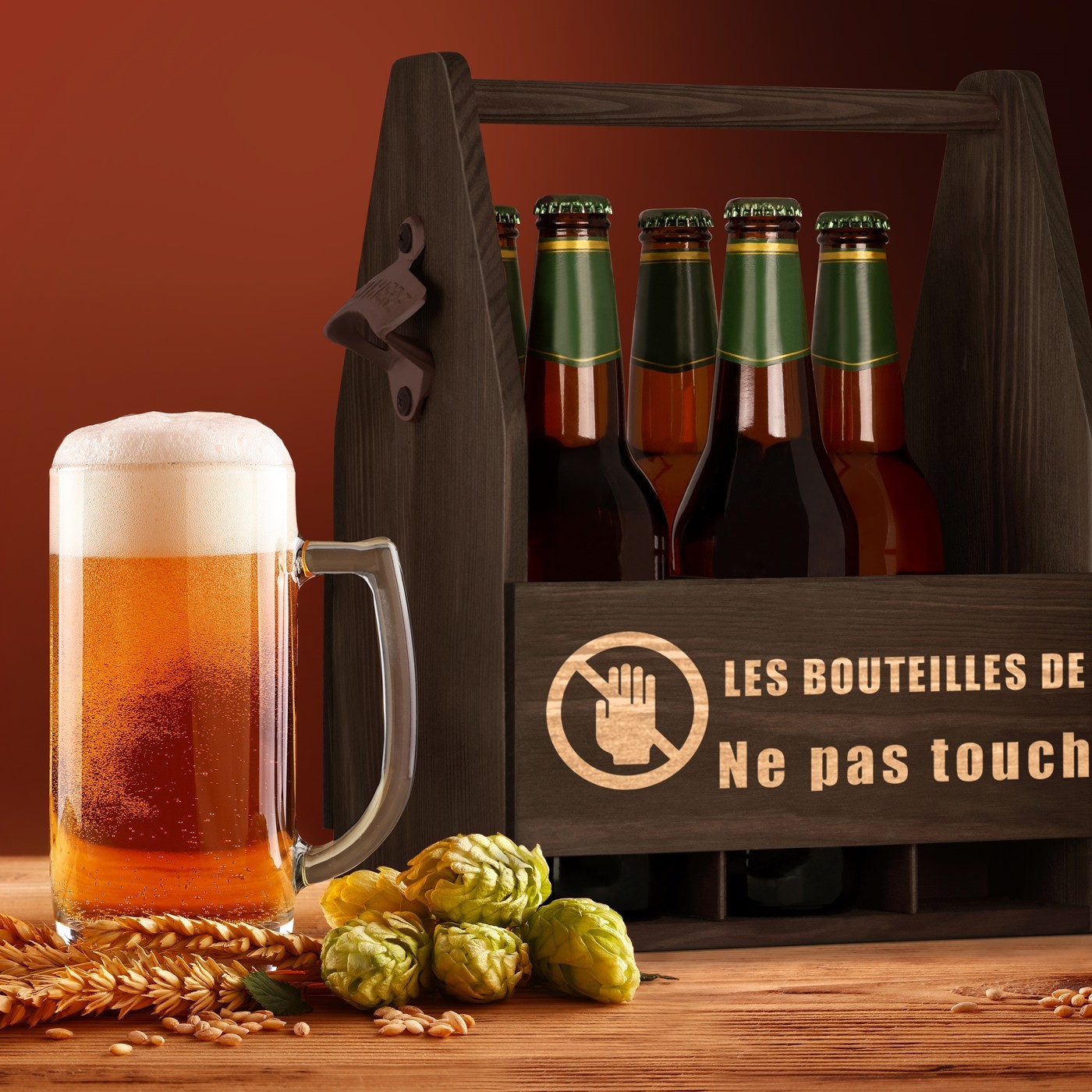 Portador de cerveza de madera personalizado Murrano para el abuelo