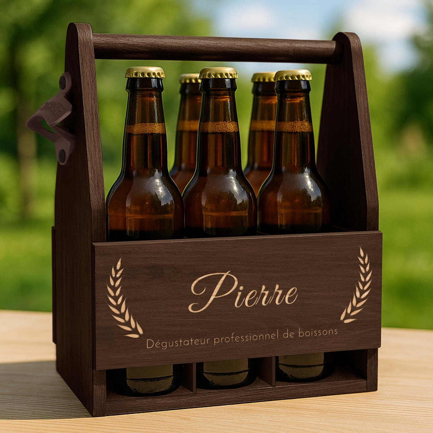 Porta cervezas de madera personalizado para él por Murrano