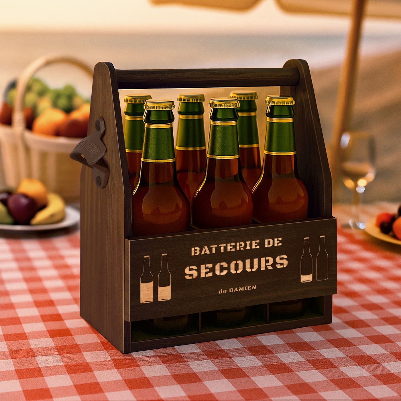 Portador de cerveza de madera personalizado con grabado para primo