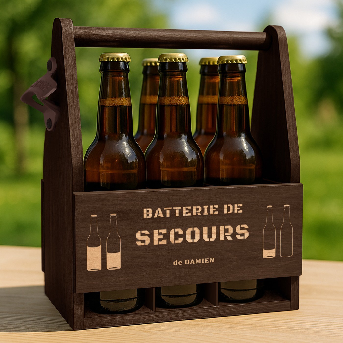 Portador de cerveza de madera personalizado con grabado para primo