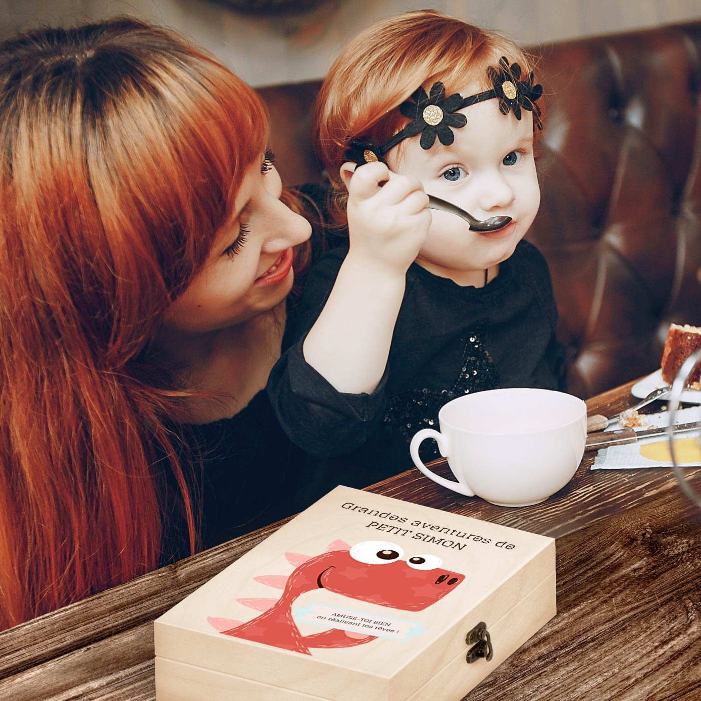 Murrano Children's Cutlery Set with Wooden Box and Dinosaur Print for Boys