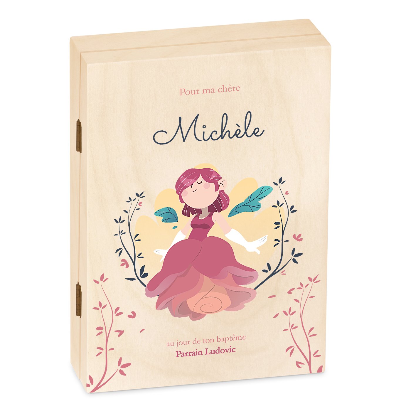 Set de cubiertos para niños Murrano con estuche de madera e impresión bautizo rosa para niña