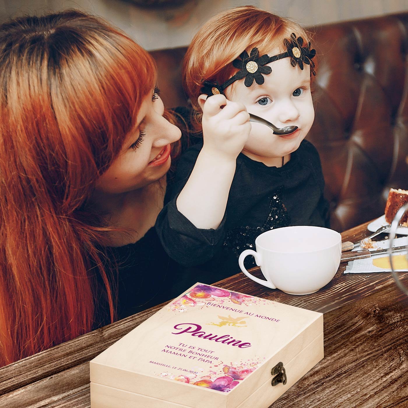 Murrano Children's Cutlery Set with Wooden Box and Fairy Print for Baptism