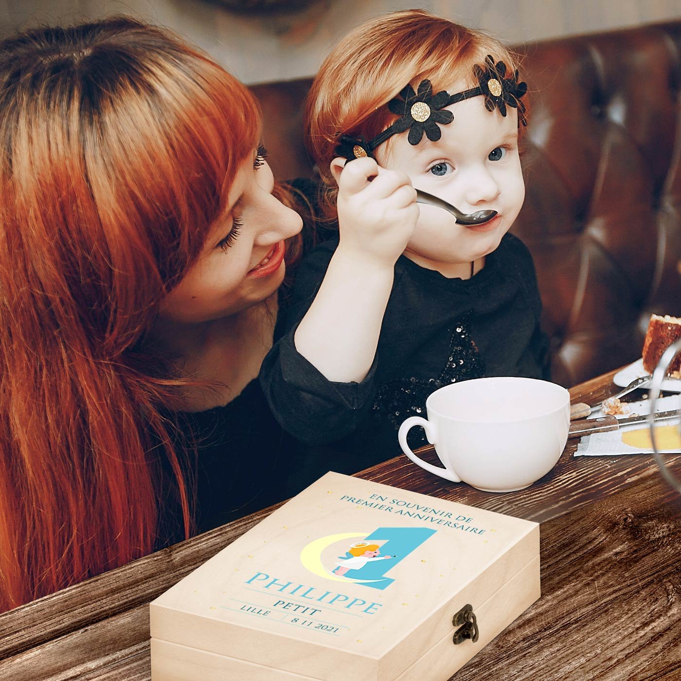 Murrano Children's Cutlery Set with Wooden Box and Boy's 1st Birthday Print