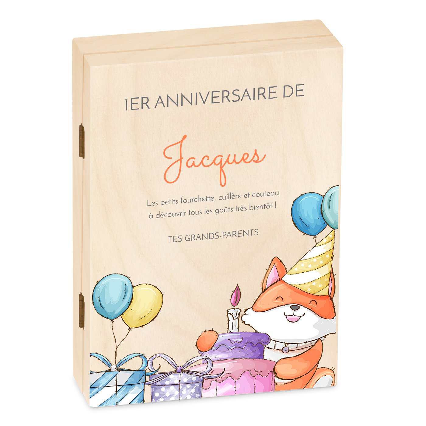 Set de cubiertos personalizados Murrano para el primer cumpleaños de un niño con estuche de madera