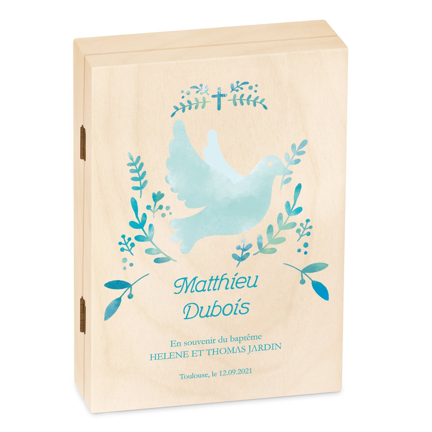 Set de cubiertos para niños Murrano con caja de madera personalizada para el bautismo de un niño