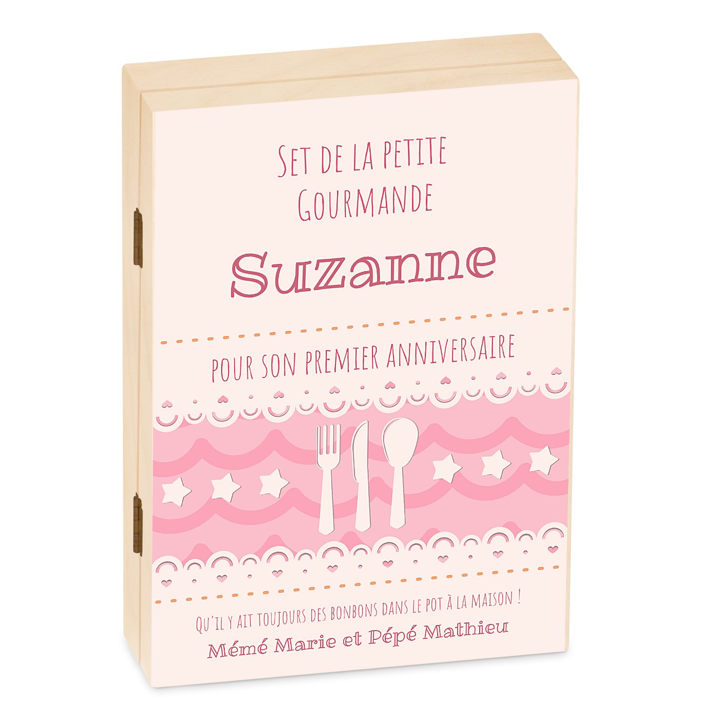 Set de cubiertos personalizados para niños Murrano en caja de madera (cumpleaños niña)