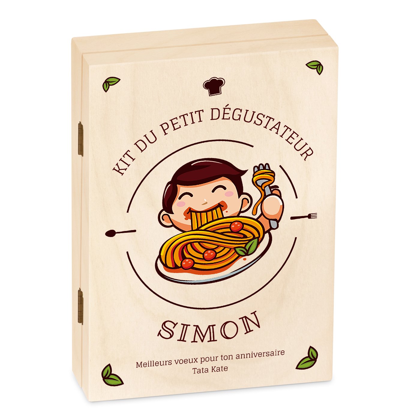 Set de cubiertos personalizados Murrano para niños en caja de madera - Regalo de cumpleaños de espagueti para niños
