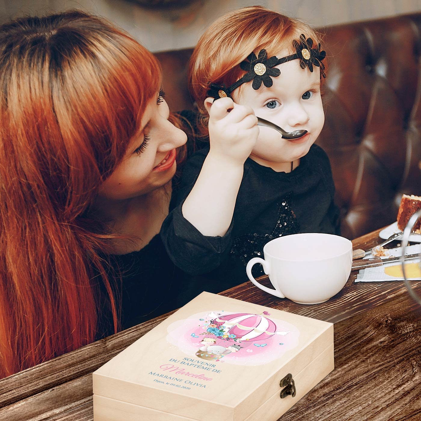 Murrano Children's Cutlery Set with Wooden Box - Girl Animal Print for Christening