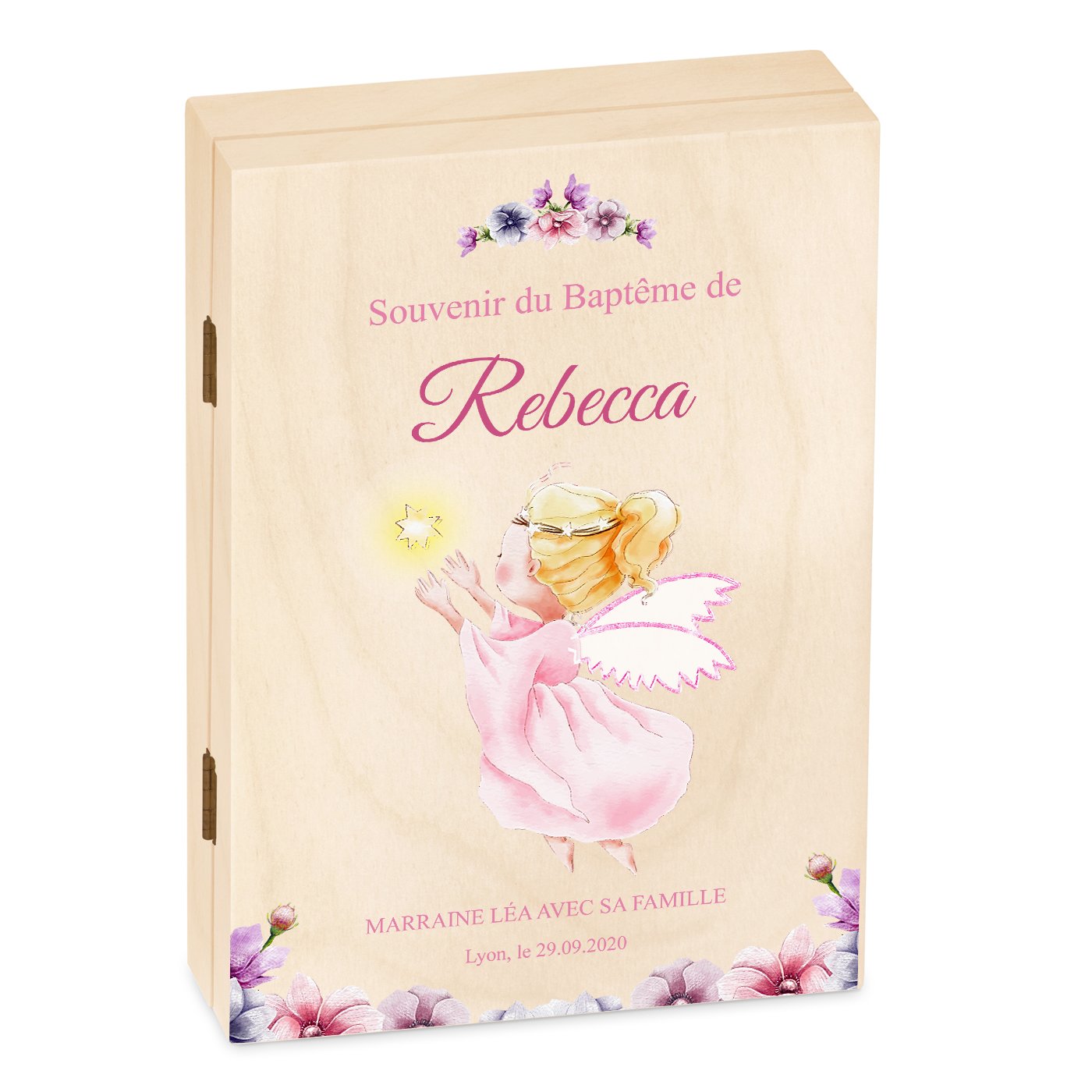 Set de cubiertos para niños Murrano con estuche de madera y estampado de bautizo de ángel (Niña)