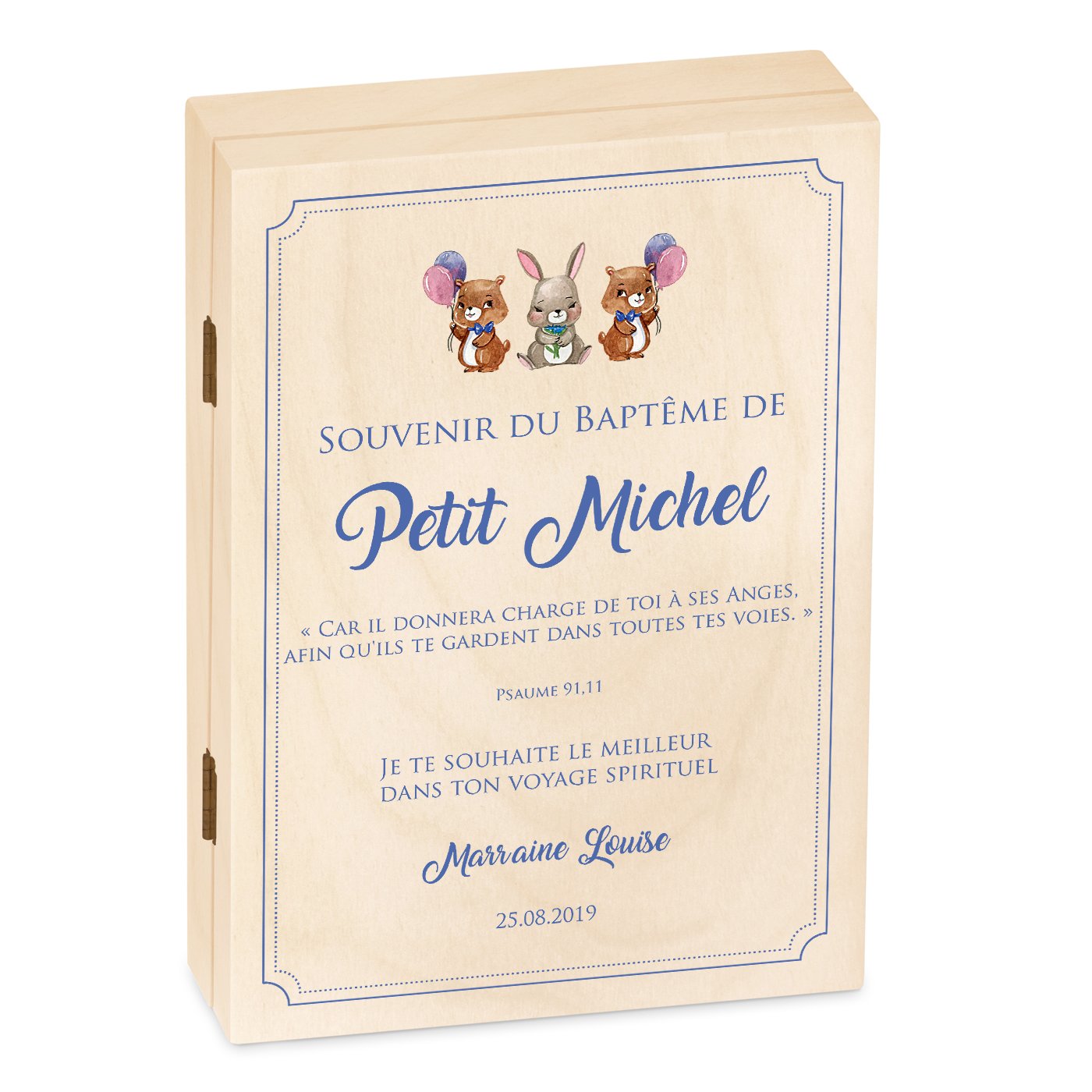 Set de cubiertos personalizados para niños Murrano en caja de madera, tema de bautismo para niño