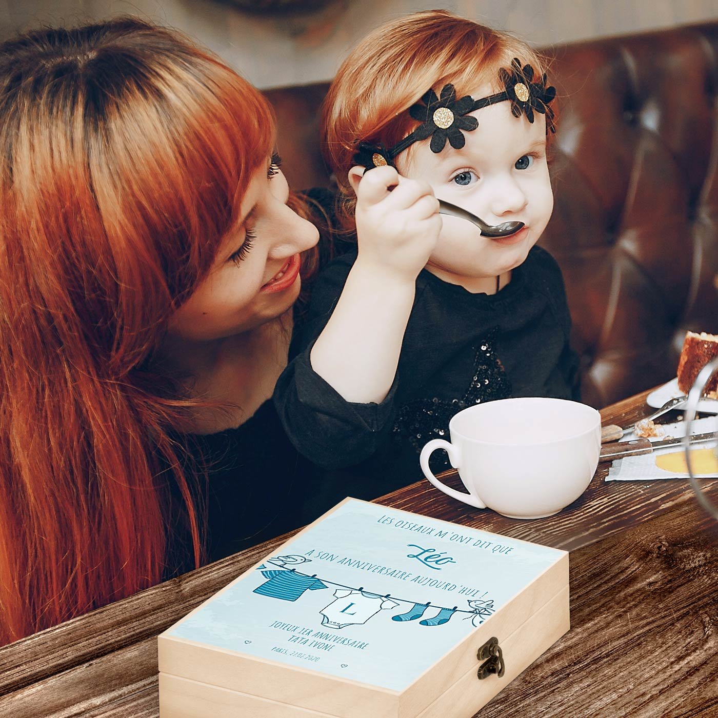 Murrano Children's Cutlery Set in Wooden Box with Boy Bird Anniversary Print