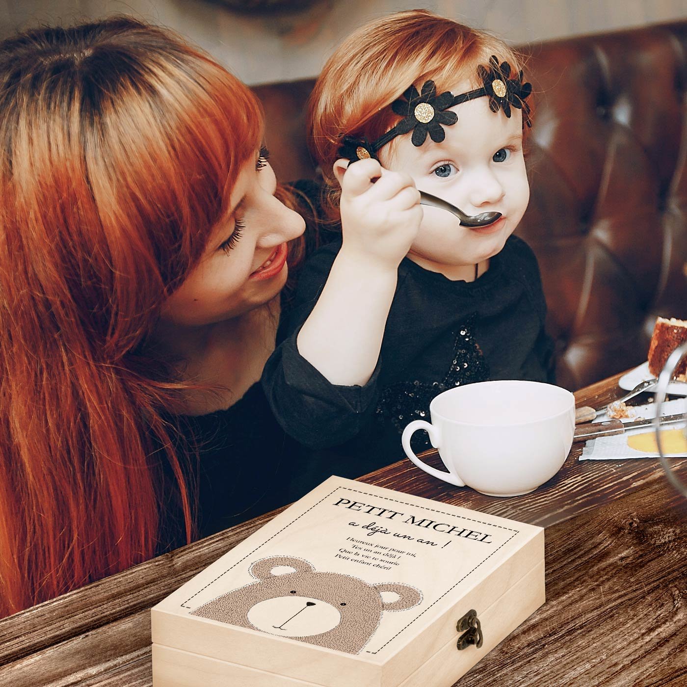 Set de cubiertos para niños Murrano en caja de madera con impresión de oso para el primer cumpleaños