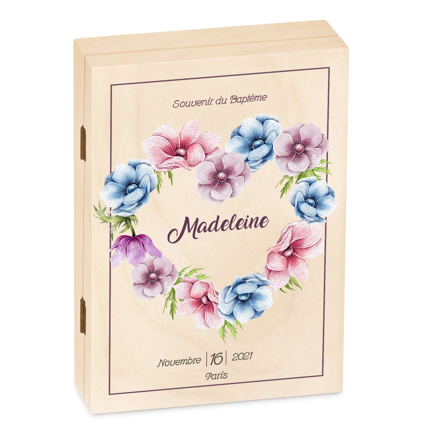 Set de cubiertos personalizados de Murrano para niños, con estuche de madera impreso con flores para el bautismo de una niña