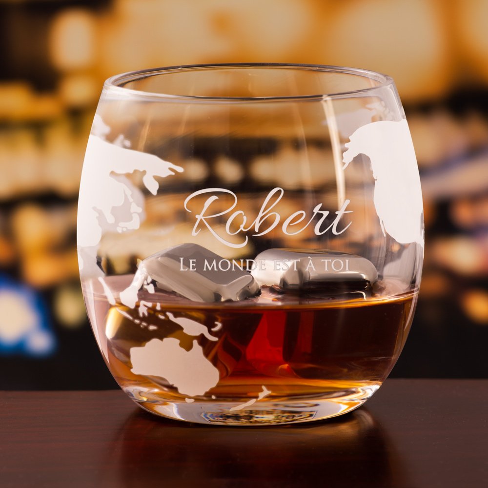 Decantador de whisky Murrano Globo con barco y 2 vasos personalizados para cumpleaños