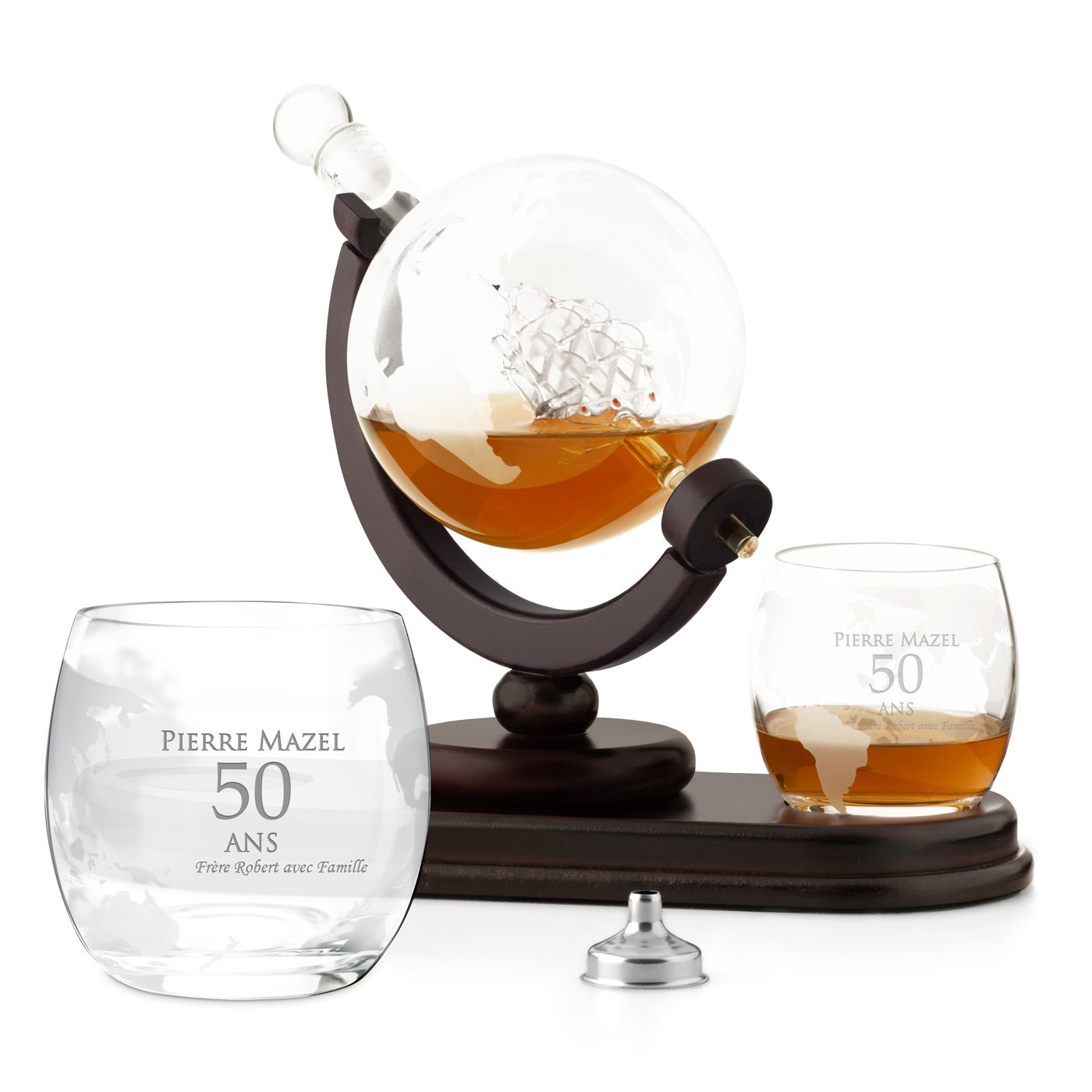 Decantador de whisky Murrano en forma de globo con barco y 2 vasos personalizados
