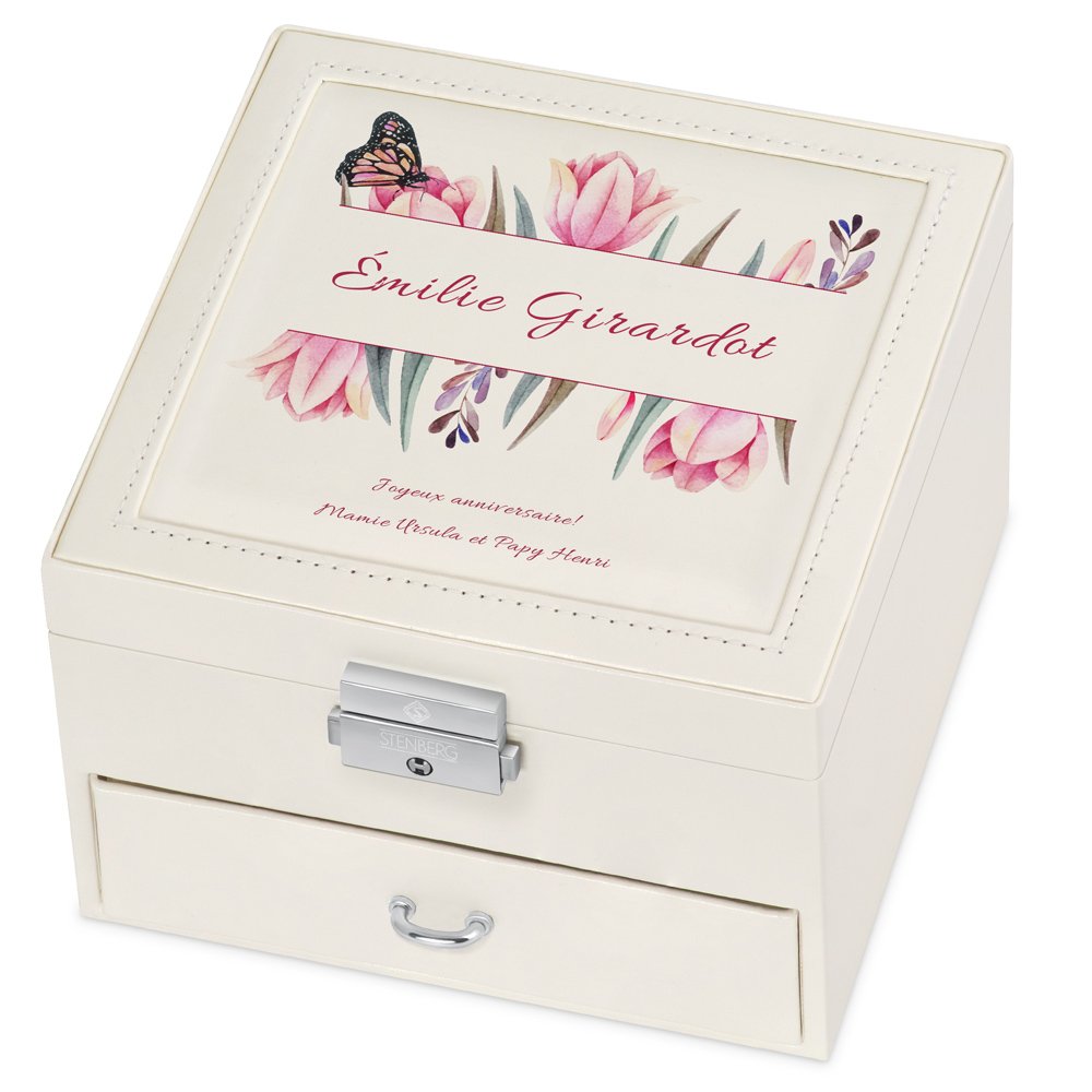 Cajón de joyas beige personalizado de Murrano para el cumpleaños de mi nieta