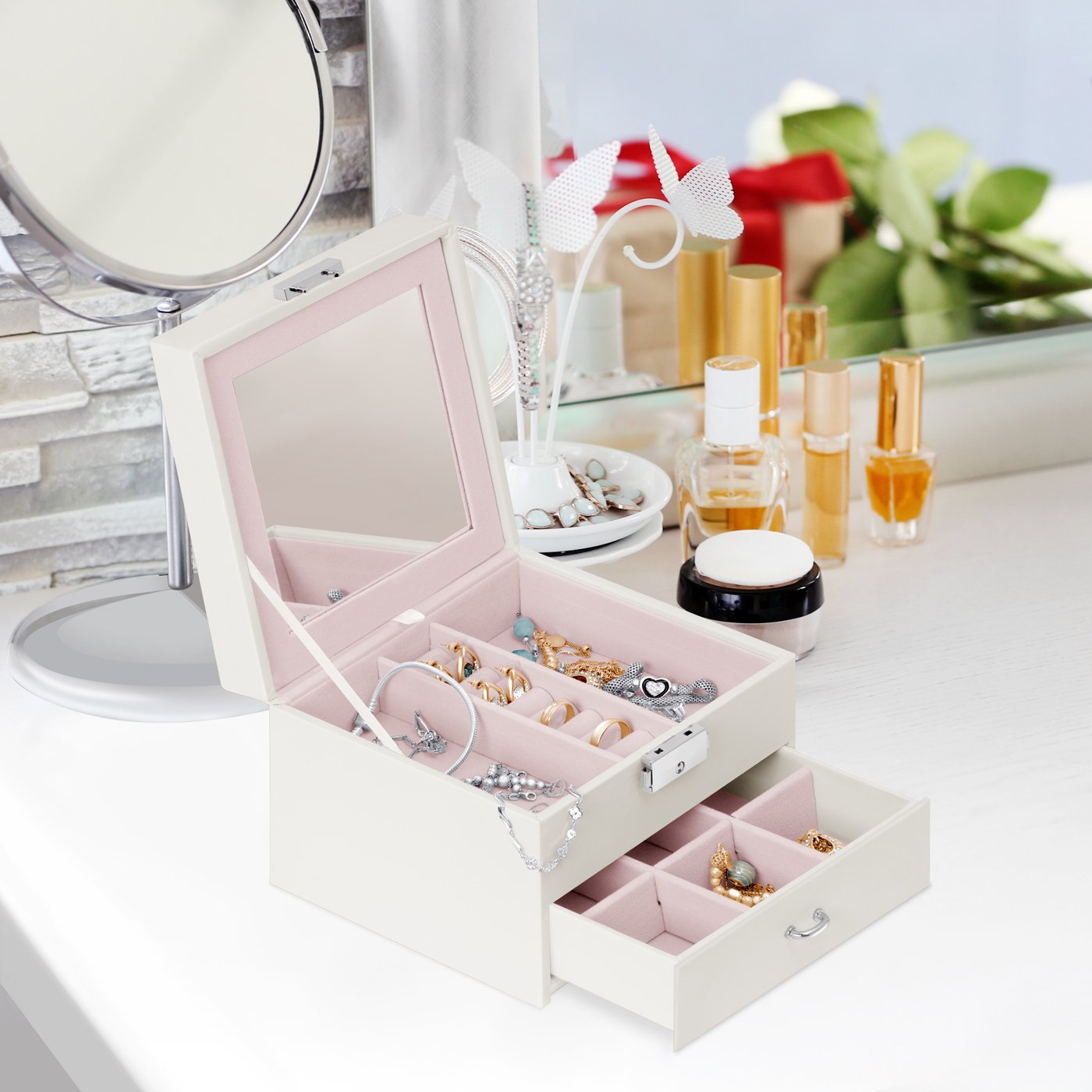 Caja de joyas personalizada beige de Murrano para el aniversario de matrimonio de su esposa