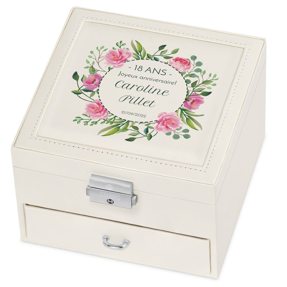 Caja de joyas beige personalizada para ella por su 18º cumpleaños