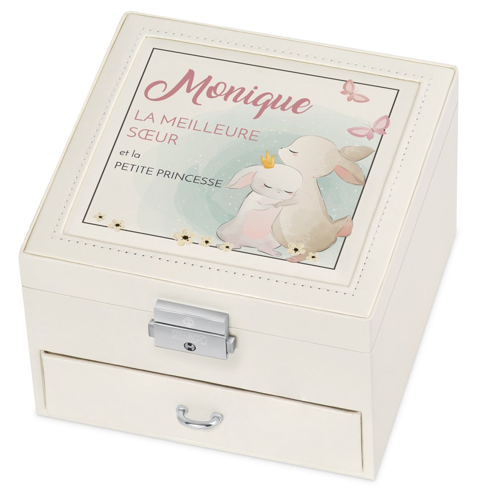 Caja de joyas beige personalizada con impresión para hermana