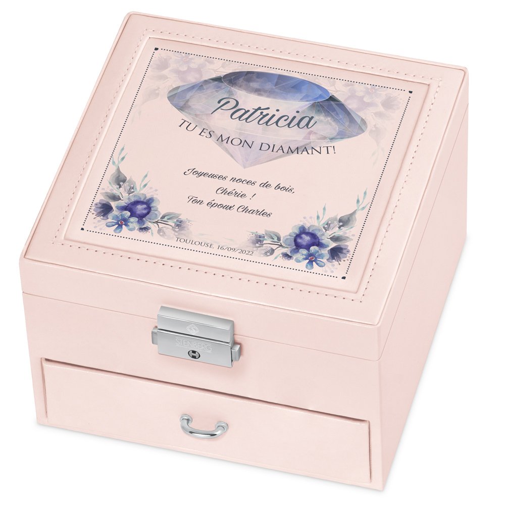 Cajón de joyas rosa Murrano para el aniversario de madera