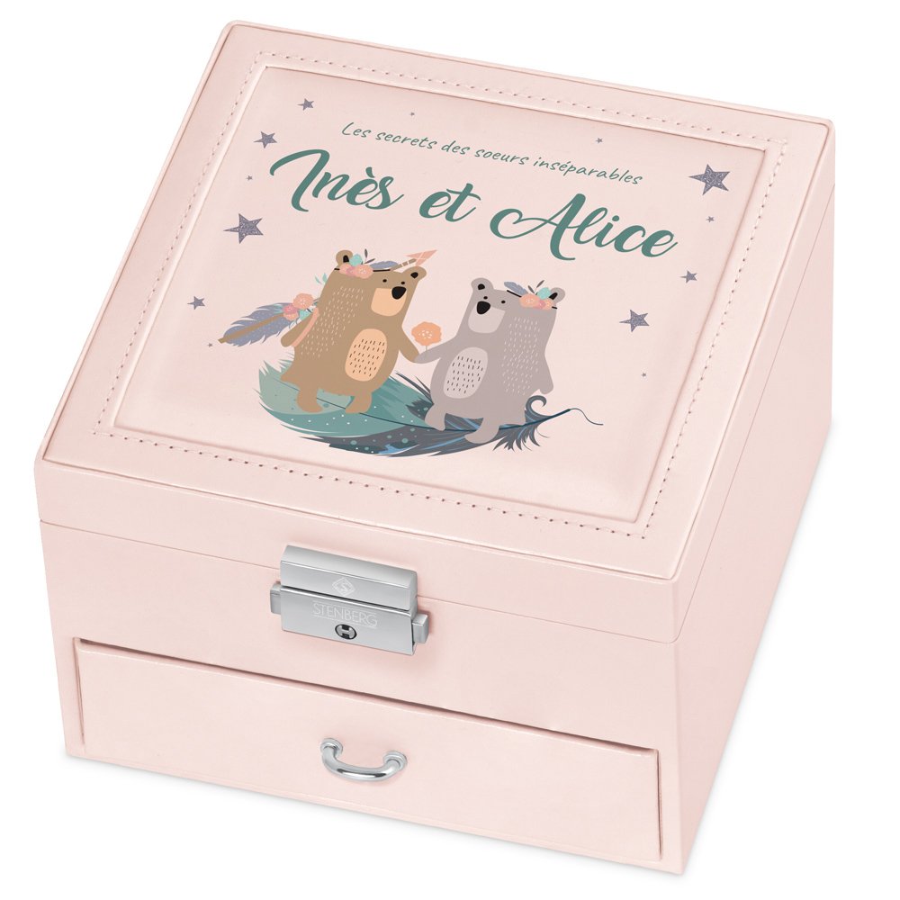 Caja de joyas rosa Murrano con temas de cumpleaños y Navidad para gemelas
