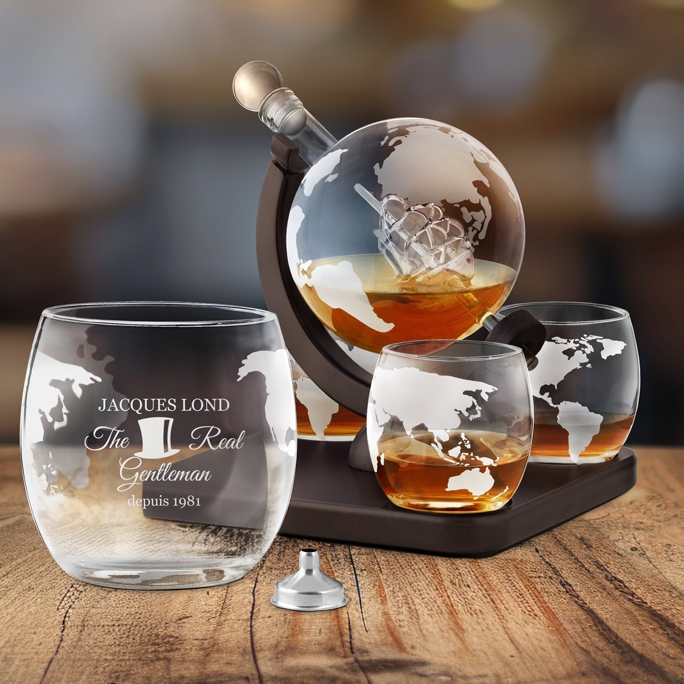 Decantador de whisky Murrano en forma de globo con barco y 4 vasos personalizados