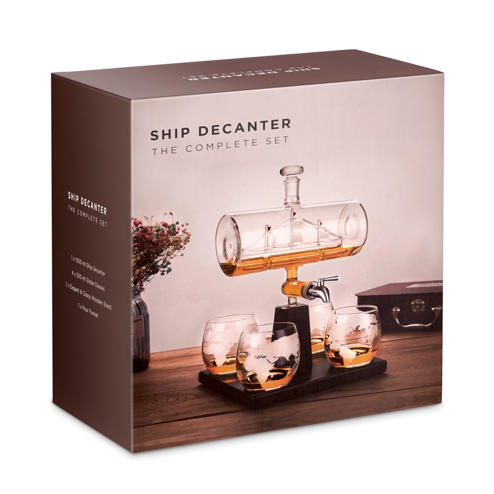 Set de cáfara de whisky Murrano con barco y 4 vasos grabados para Sr. con nombre