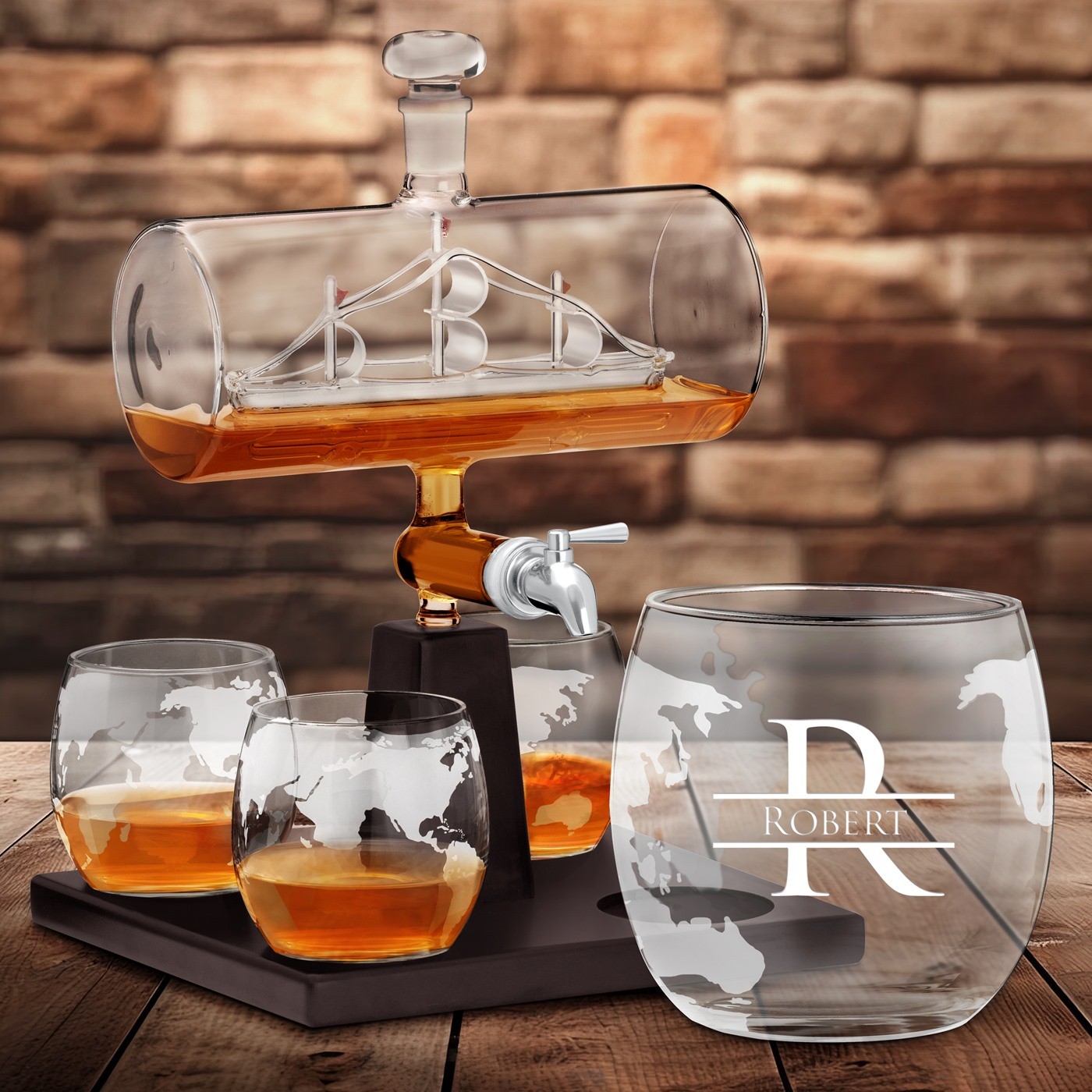 Set de cáfara de whisky Murrano con barco y 4 vasos grabados para Sr. con nombre