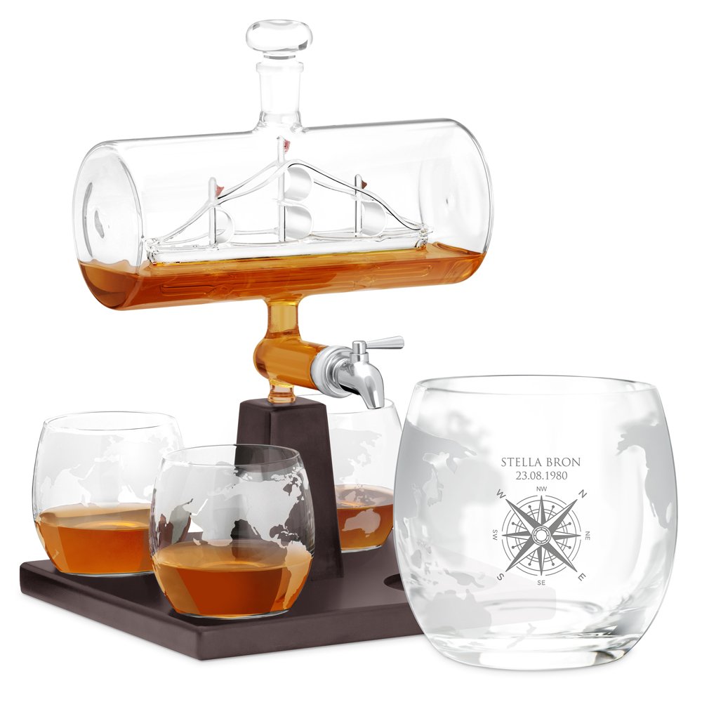 Set de jarra de whisky Murrano con barco y 4 vasos - Personalizado para la mujer viajera