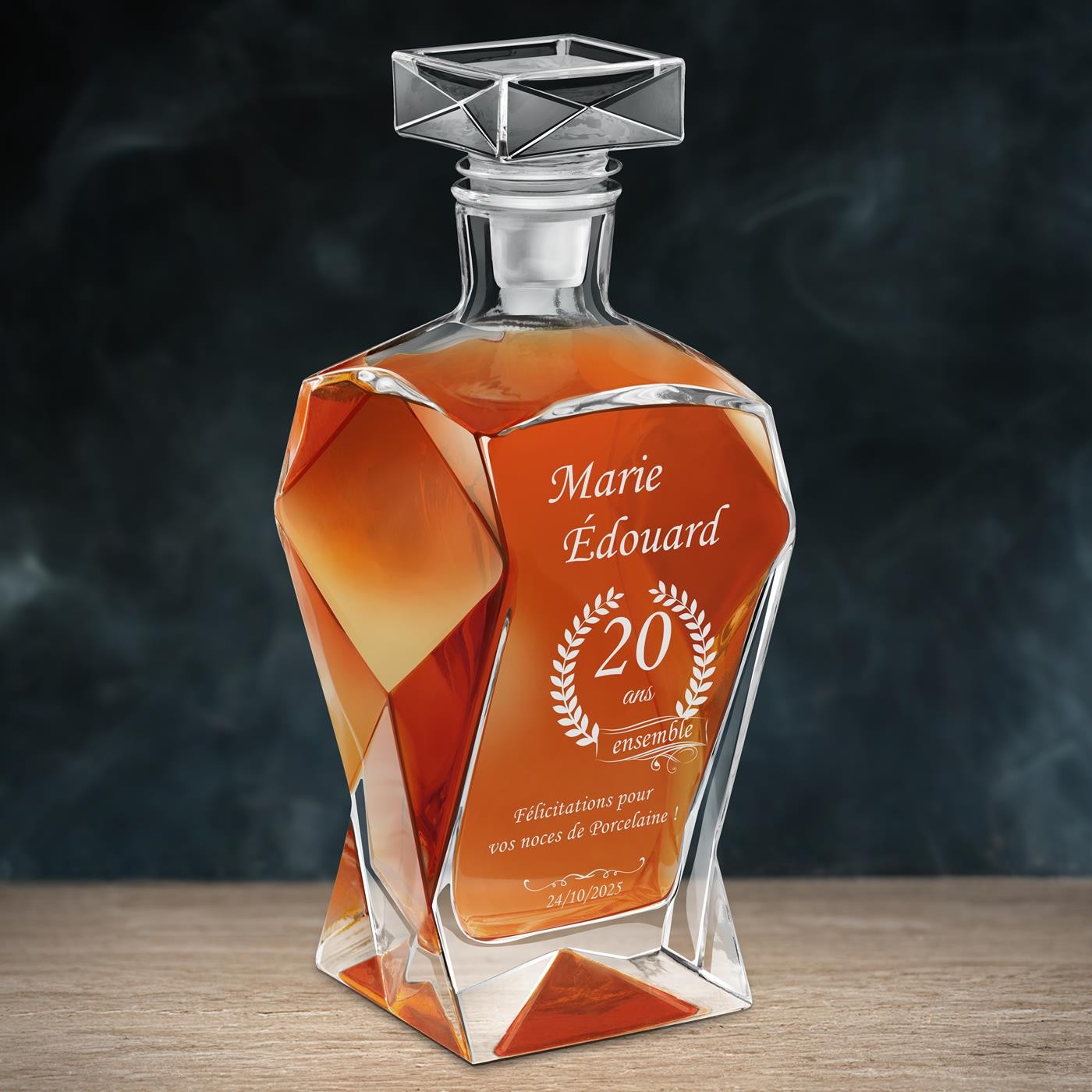 Decantador de vidrio curvo Murrano con grabado personalizado para pareja - regalo para el 20º aniversario de boda