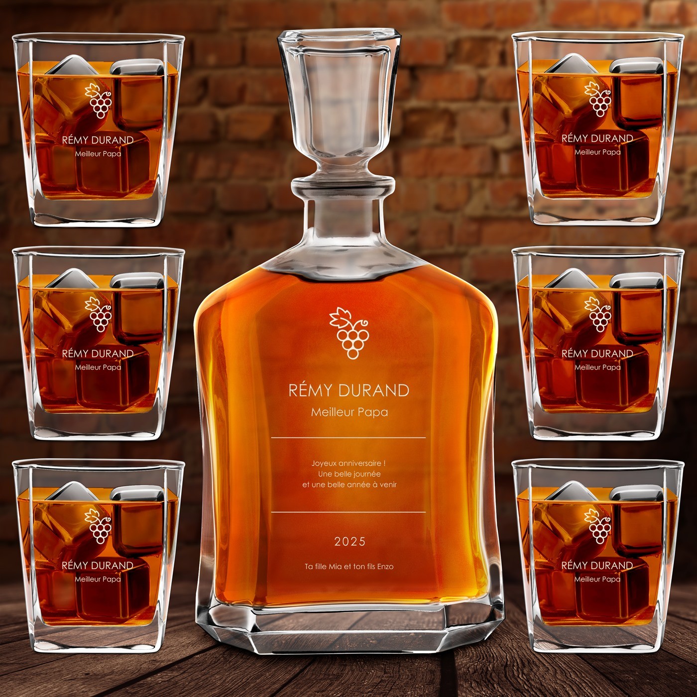 Set de decantador de whisky Murrano con vasos grabados láser