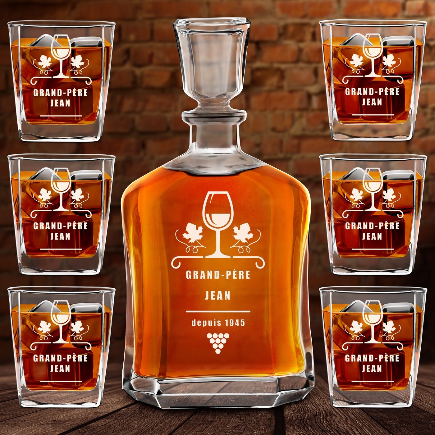 Set de decantador de whisky Murrano con 6 vasos y grabado para el cumpleaños de abuelo