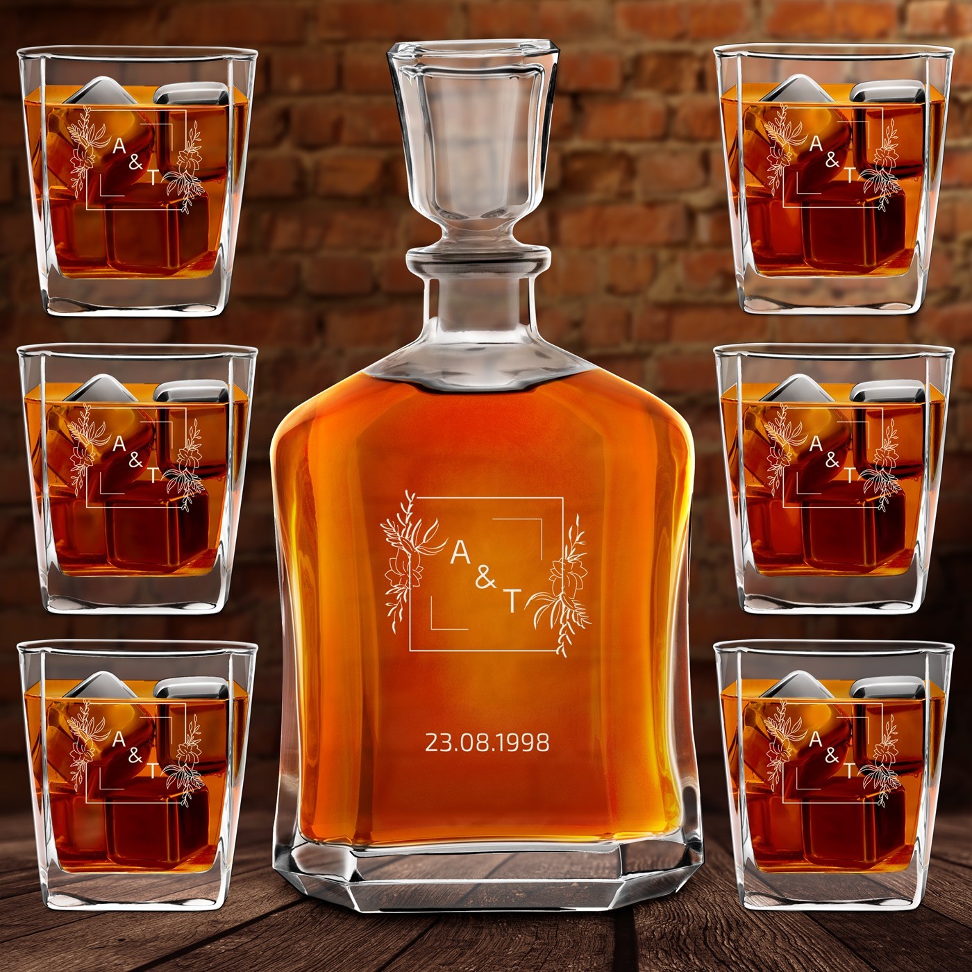 Set de decantador de whisky Murrano con 6 vasos y grabado - regalo de boda