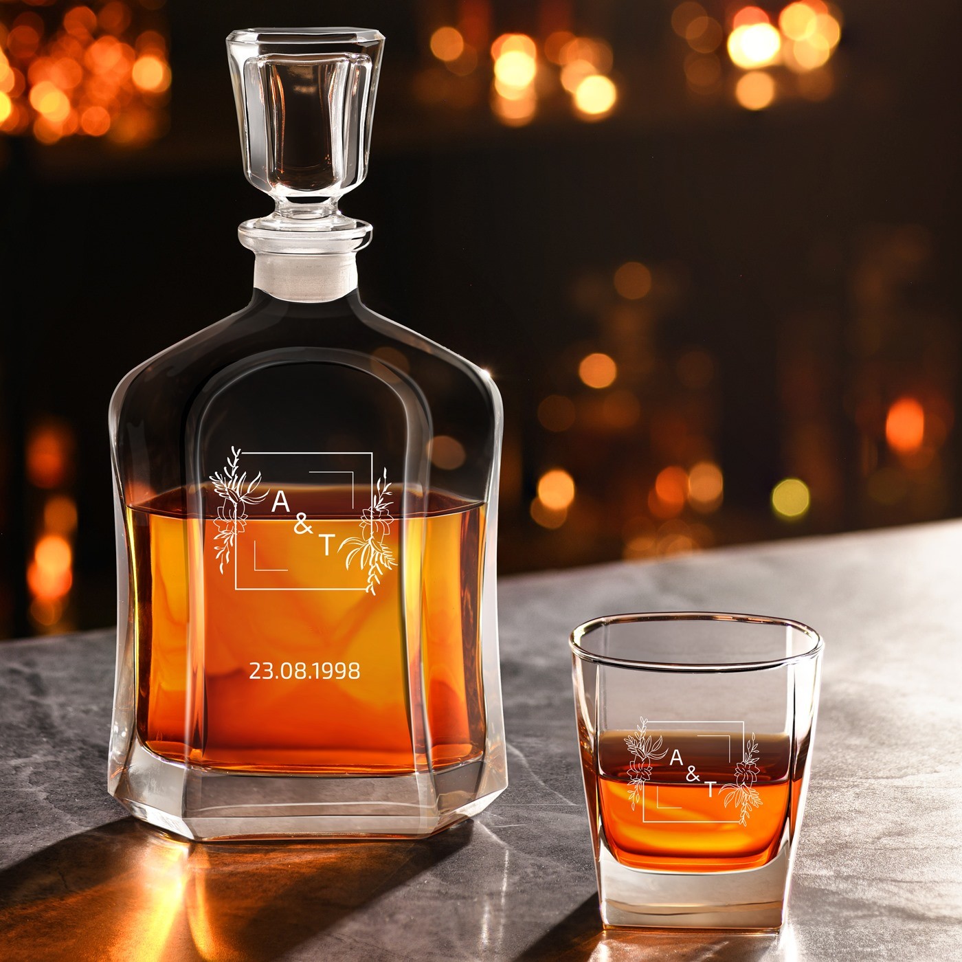 Murrano Whisky Decanter Set with 6 Glasses and Engraving - Wedding Gift