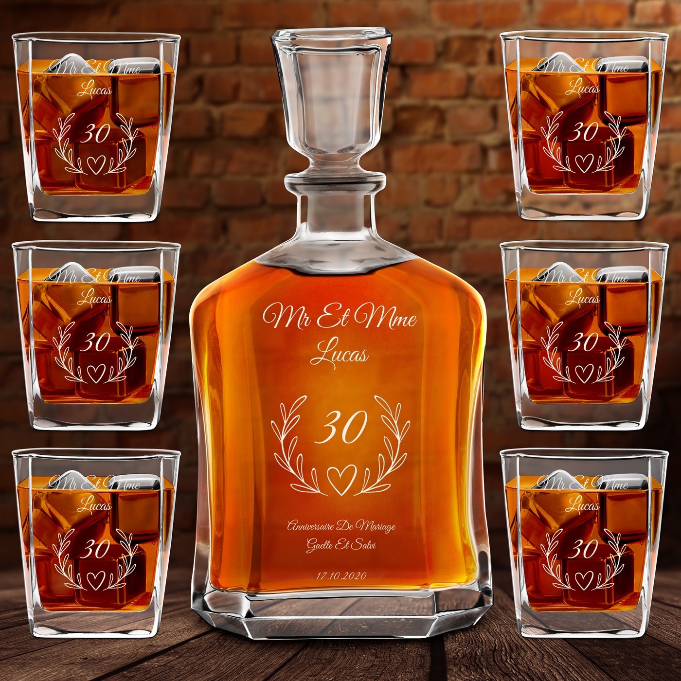 Set de decantador de whisky y 6 vasos con grabado para el 30º aniversario de bodas de Murrano